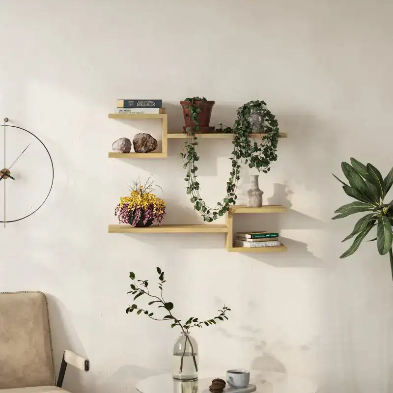 Floating modern shelf set with light wood boards and cube brackets, short wall display