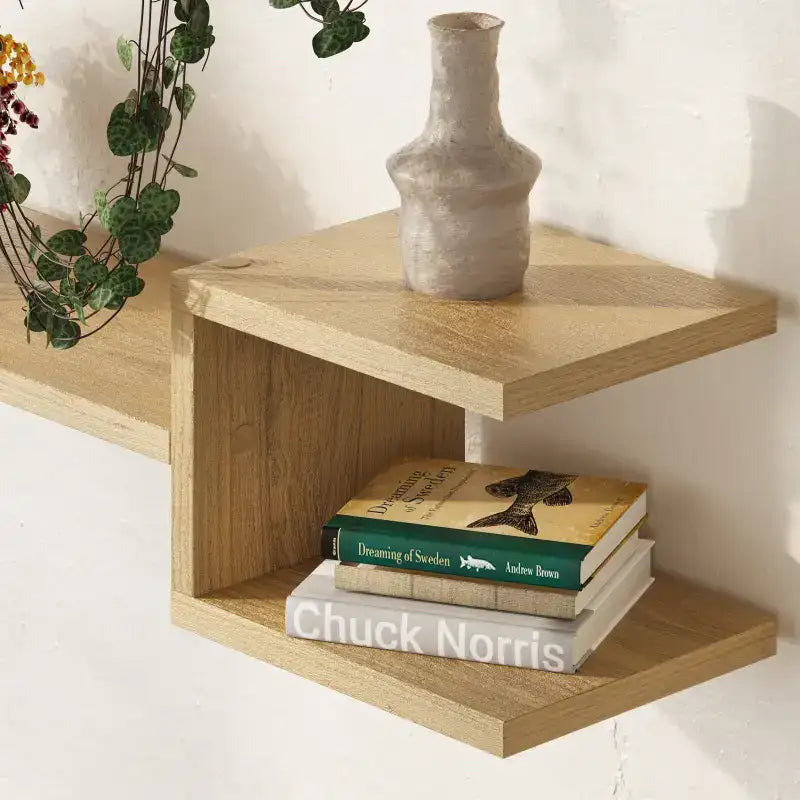 Light oak floating shelf set with two open shelves and book display
