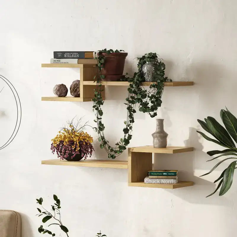 Floating shelf set with light oak boards and open cube compartments for displaying items