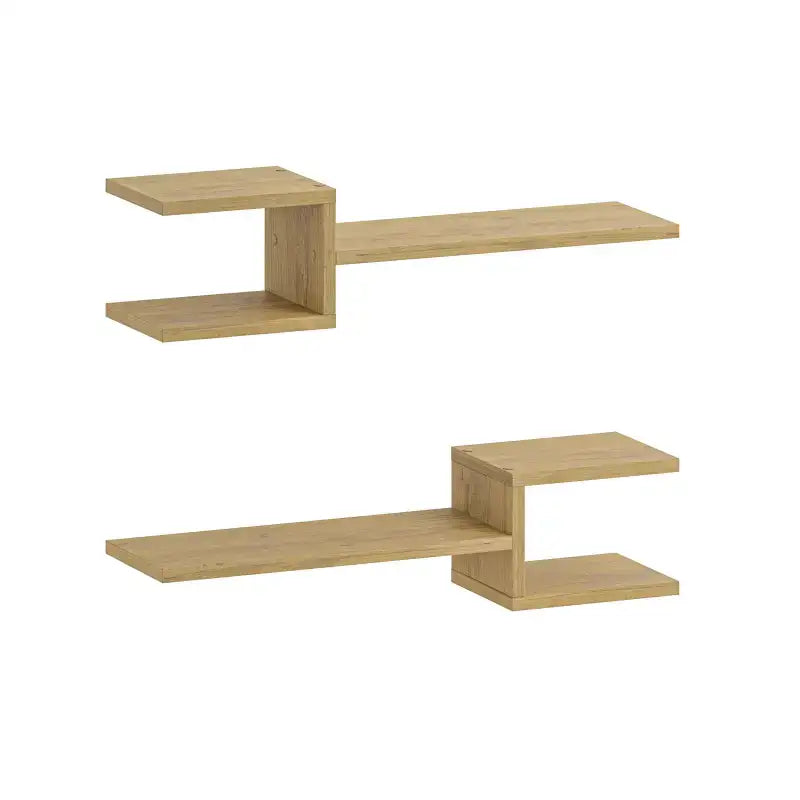 Light oak floating shelf set with two long shelves and three cube niches