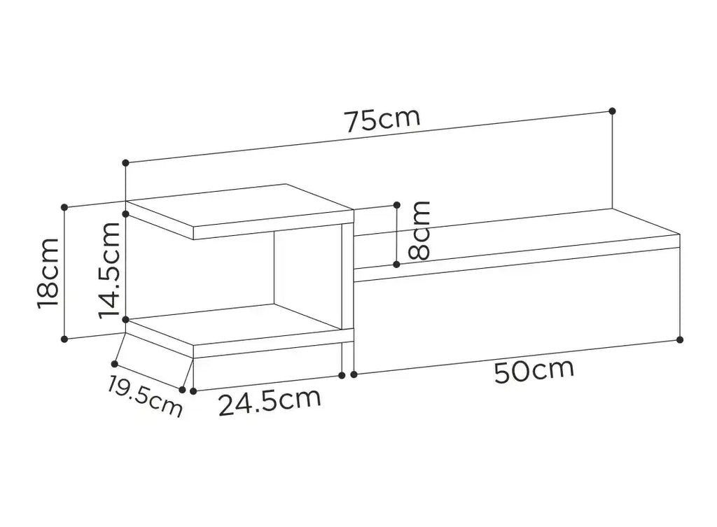 Diagram of floating shelf set size: 75cm wide, 18cm high, 50cm deep
