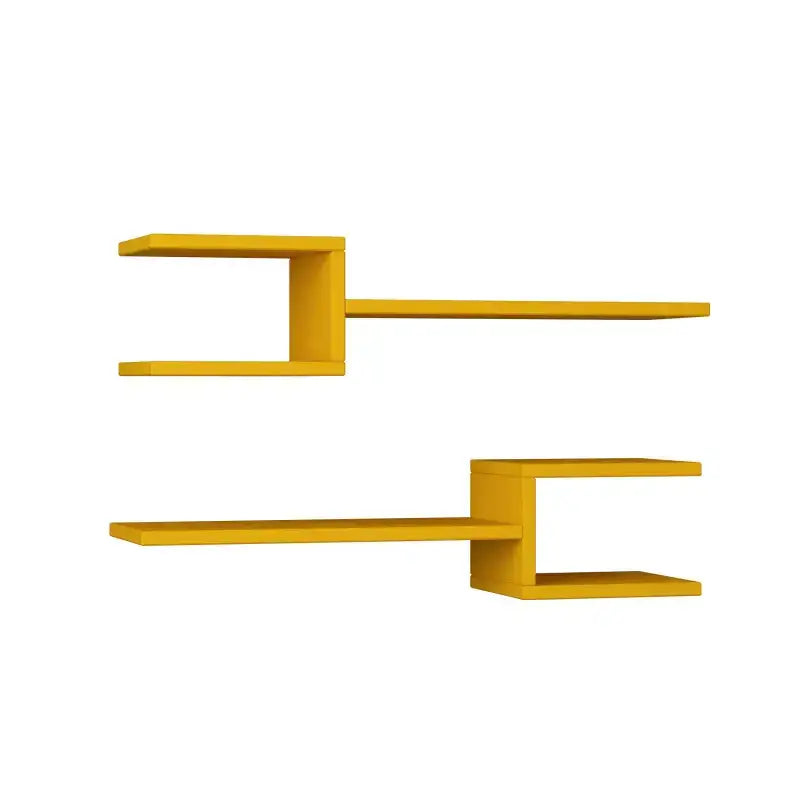 Yellow floating shelf set with open boxed shelves and ledges