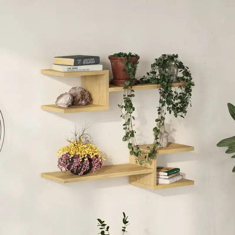 Floating shelf set with light oak shelves and open cube niches for vases and plants