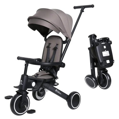 Folding 6-in-1 trike stroller in grey olive with canopy, footrest, and front wheels