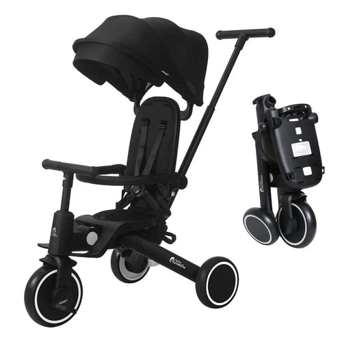 Jet black foldable 6-in-1 trike stroller with canopy and three wheels, angled side view