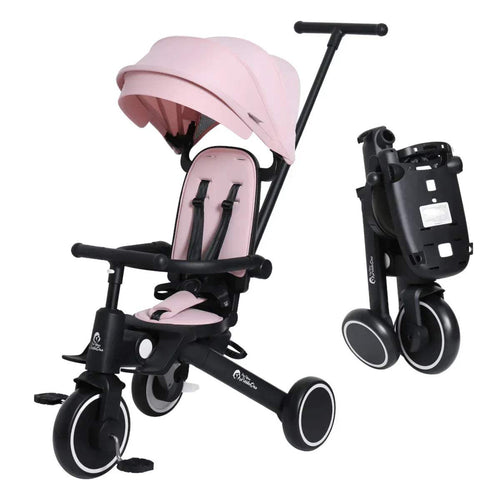 Pastel pink and black foldable trike stroller with canopy, padded seat, and front wheels