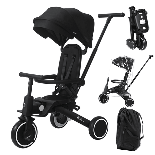 Foldable 6-in-1 baby trike, jet black stroller with canopy and three-wheel frame