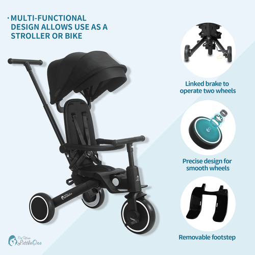 Foldable 6-in-1 trike in jet black, multi-position seat with canopy, three-wheel design