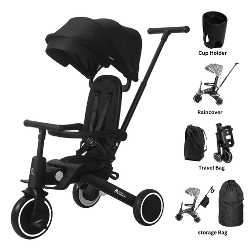 Foldable dark trike stroller with large canopy, front tray bar, and cup holder