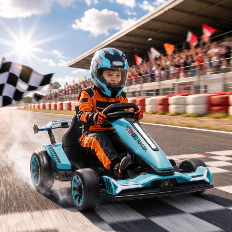 Light blue electric kids go-kart with rider in orange gear, angled side view.