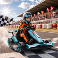 Light blue electric kids go-kart with rider in orange gear, angled side view.