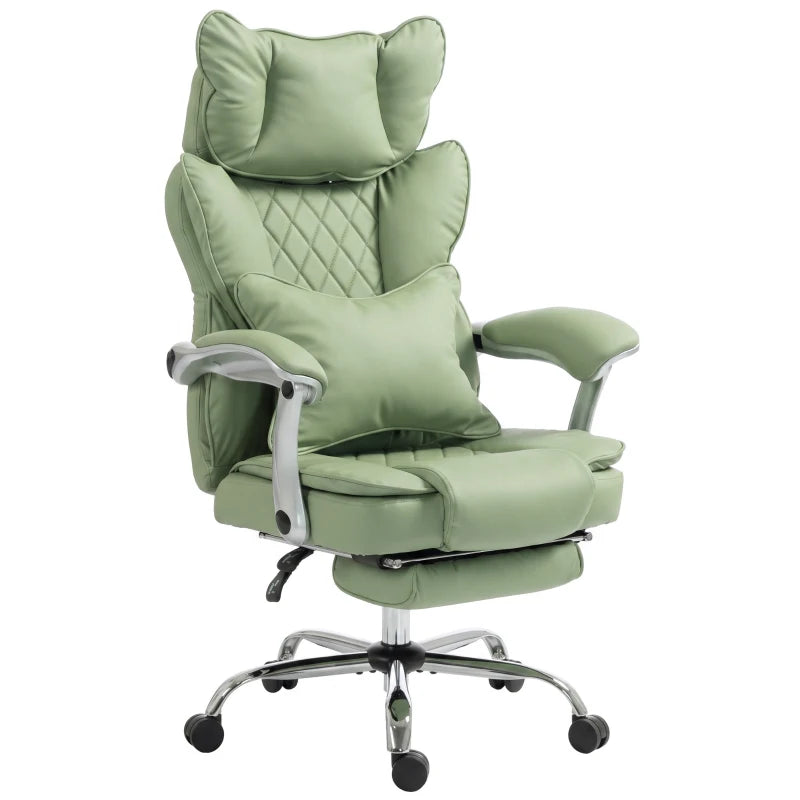 Light green office chair with padded headrest, lumbar support, and reclining back