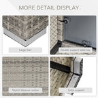 Wicker table details showing woven finish, reinforced glass top, and large metal feet