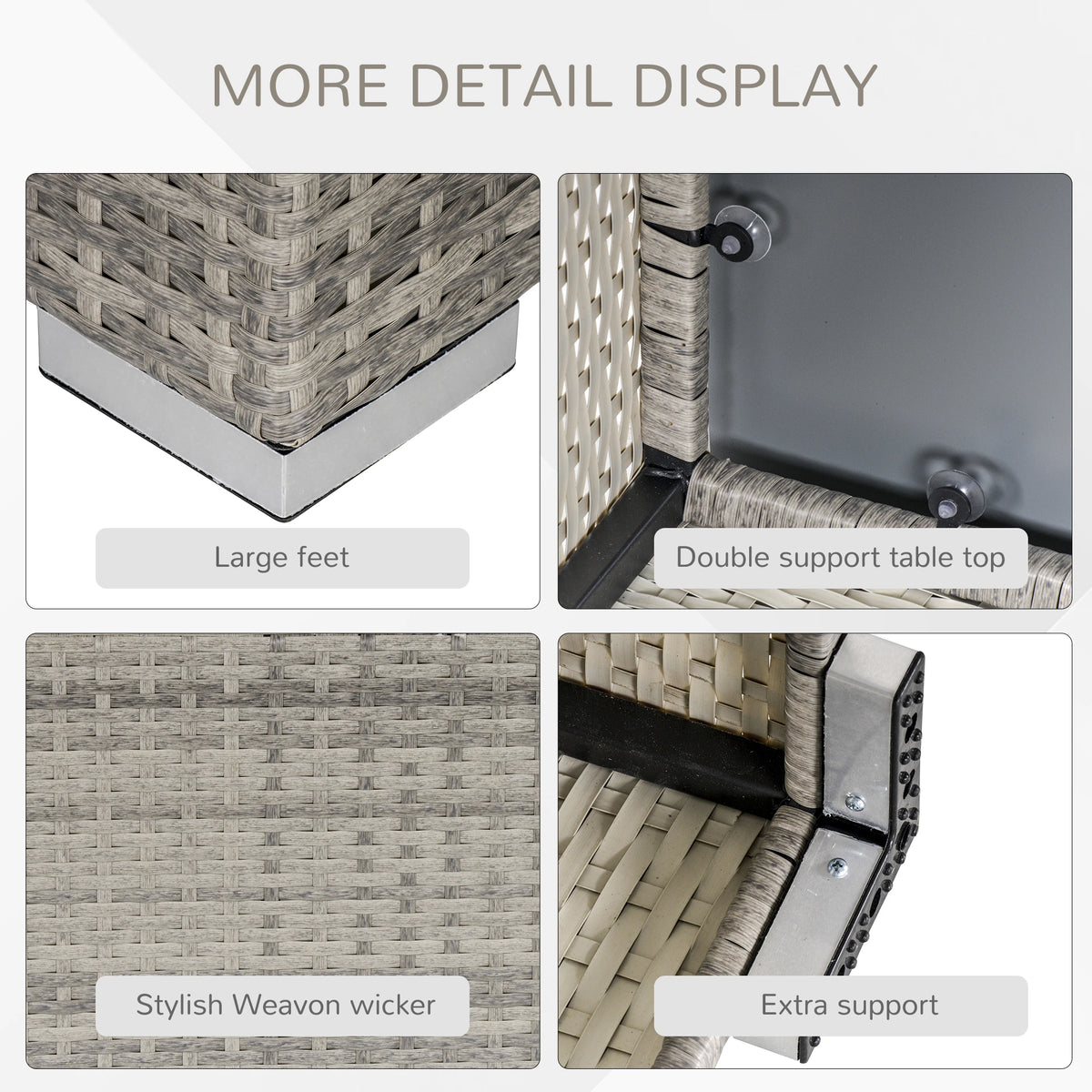 Wicker table details showing woven finish, reinforced glass top, and large metal feet