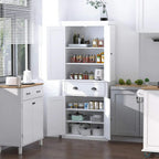 White kitchen pantry cabinet with open shelves holding jars and cookware, lower doors