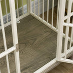 Interior of white dog crate with gray floor panel and vertical side bars