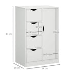White freestanding cabinet with 4 drawers and side door, size markings shown