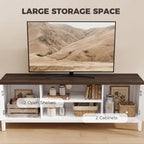 White TV stand with dark top, two open shelves and two storage cabinets.