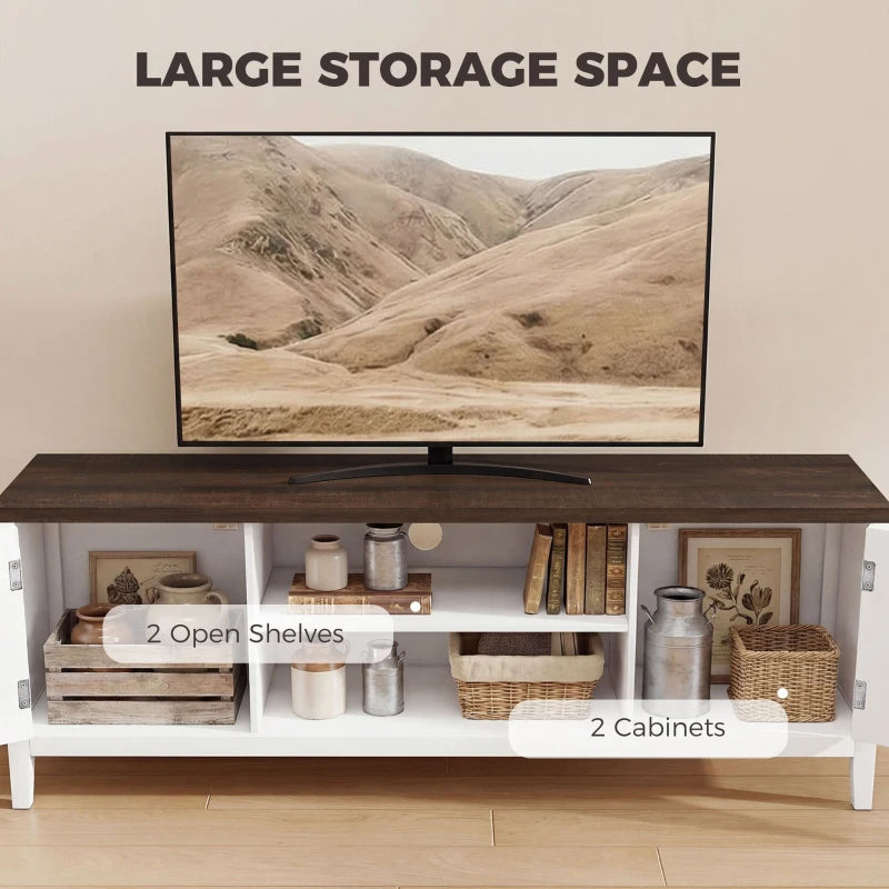 White TV stand with dark top, two open shelves and two storage cabinets.