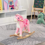 Pink plush rocking unicorn ride-on on wooden rocker base, front view