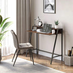 Rustic brown writing desk with black metal frame and lower shelf for home office setup