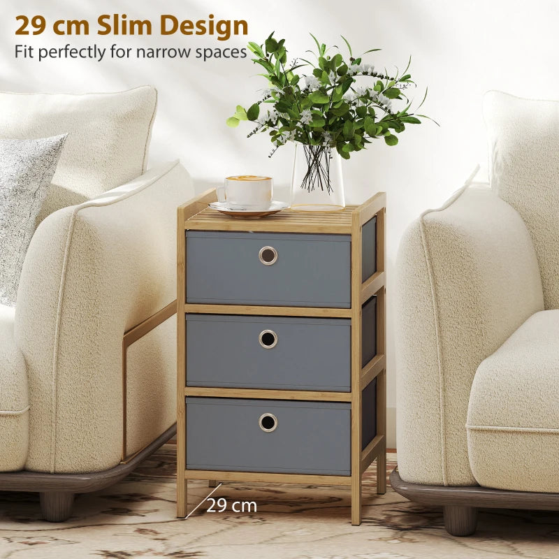 Light grey fabric drawer dresser with bamboo frame, three drawers and round pull handles