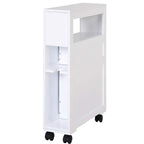 White narrow storage cabinet with open interior compartments and rolling casters