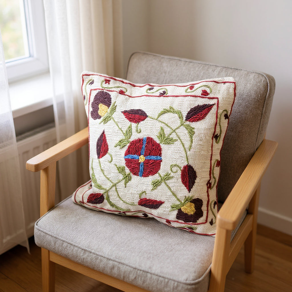 Suzani Hand Embroidered Cushion Cover - 45 x 45 cm - Handmade