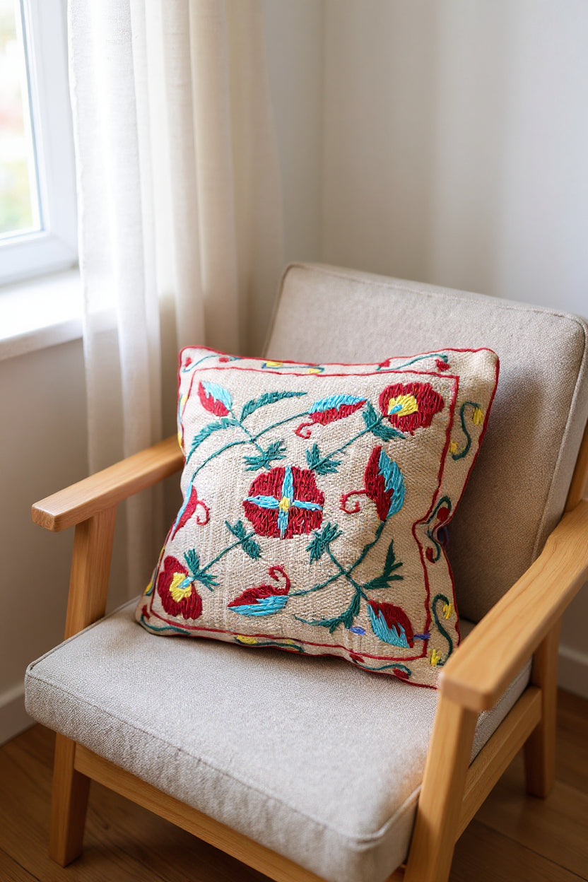 Suzani Hand Embroidered Cushion Cover - 45 x 45 cm - Handmade
