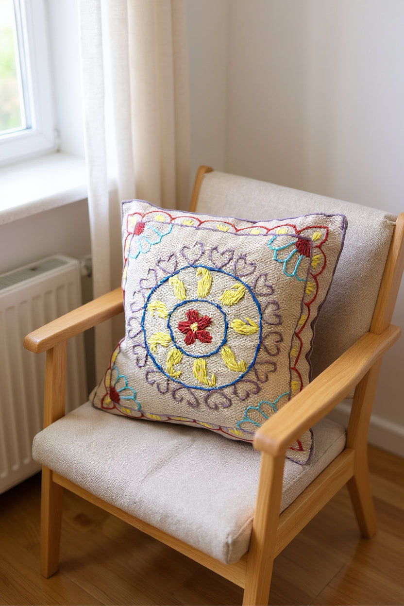 Suzani Hand Embroidered Cushion Cover - 45 x 45 cm - Handmade