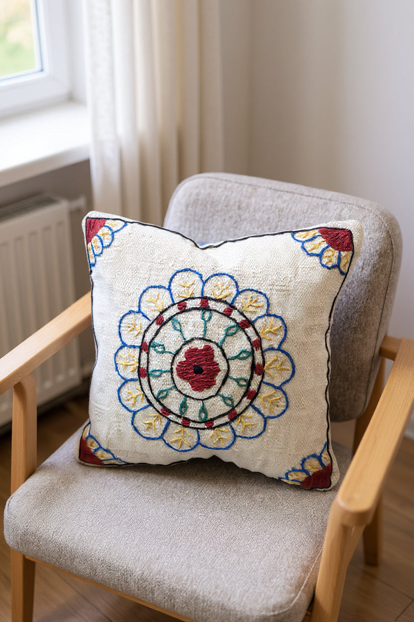 Suzani Hand Embroidered Cushion Cover - 45 x 45 cm - Handmade