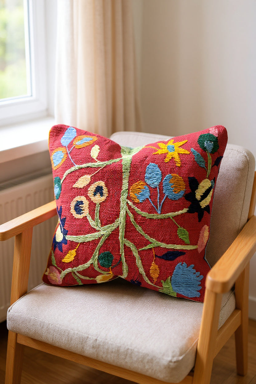 Suzani Hand Embroidered Cushion Cover - 45 x 45 cm - Handmade