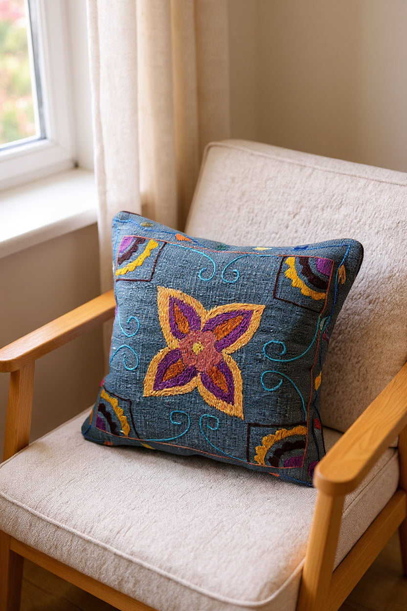 Suzani Hand Embroidered Cushion Cover - 45 x 45 cm - Handmade