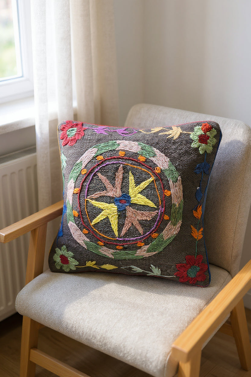 Suzani Hand Embroidered Cushion Cover - 45 x 45 cm - Handmade