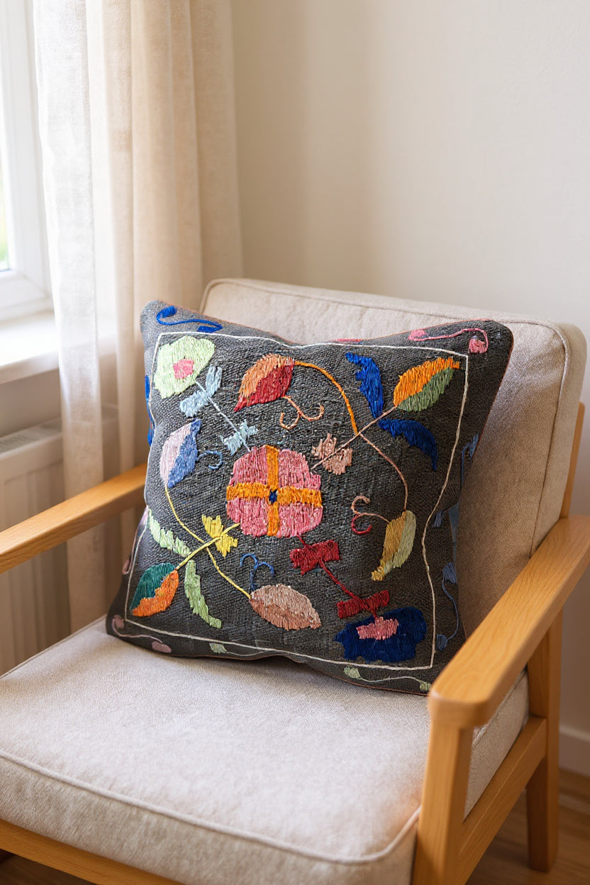 Suzani Hand Embroidered Cushion Cover - 45 x 45 cm - Handmade