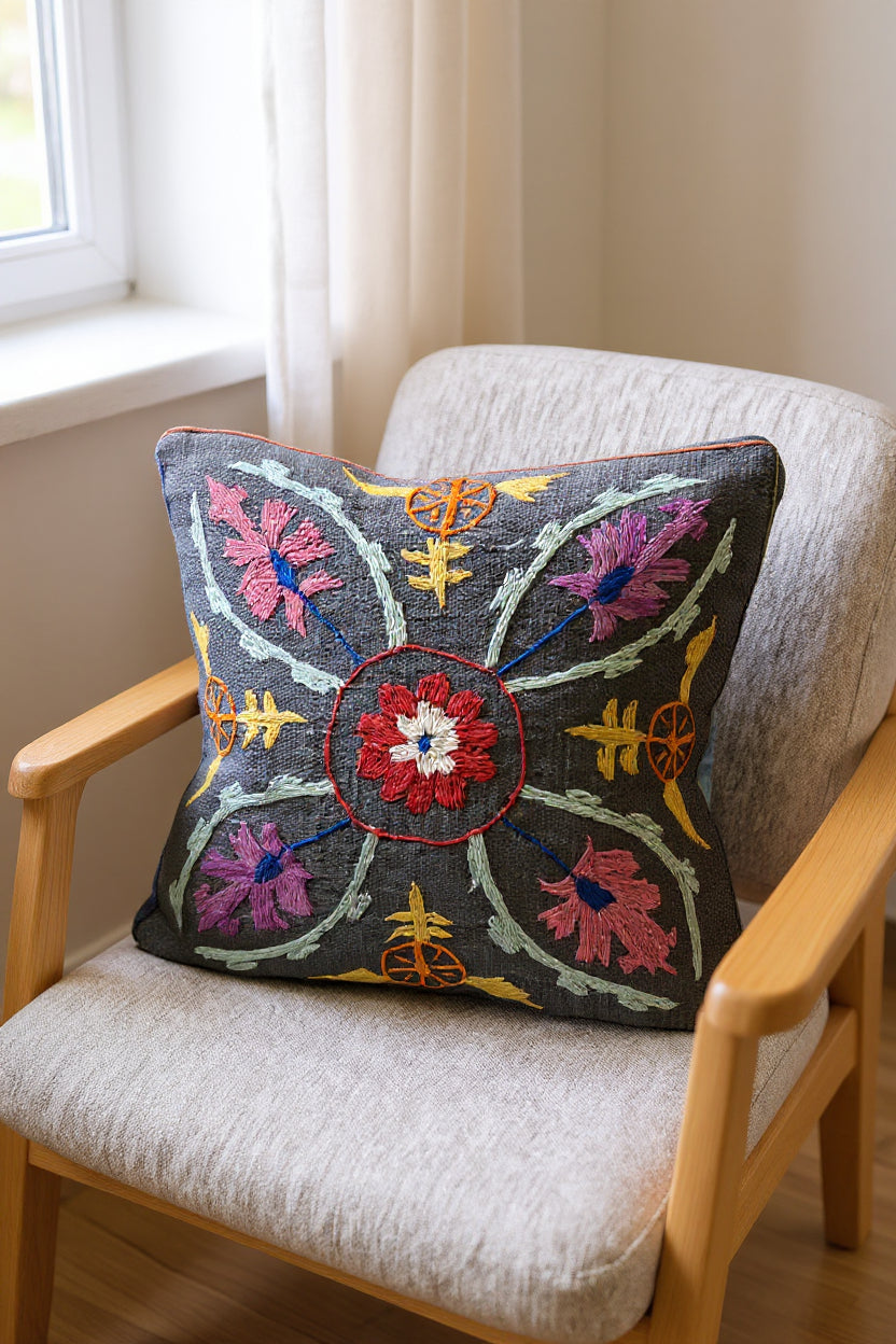 Suzani Hand Embroidered Cushion Cover - 45 x 45 cm - Handmade
