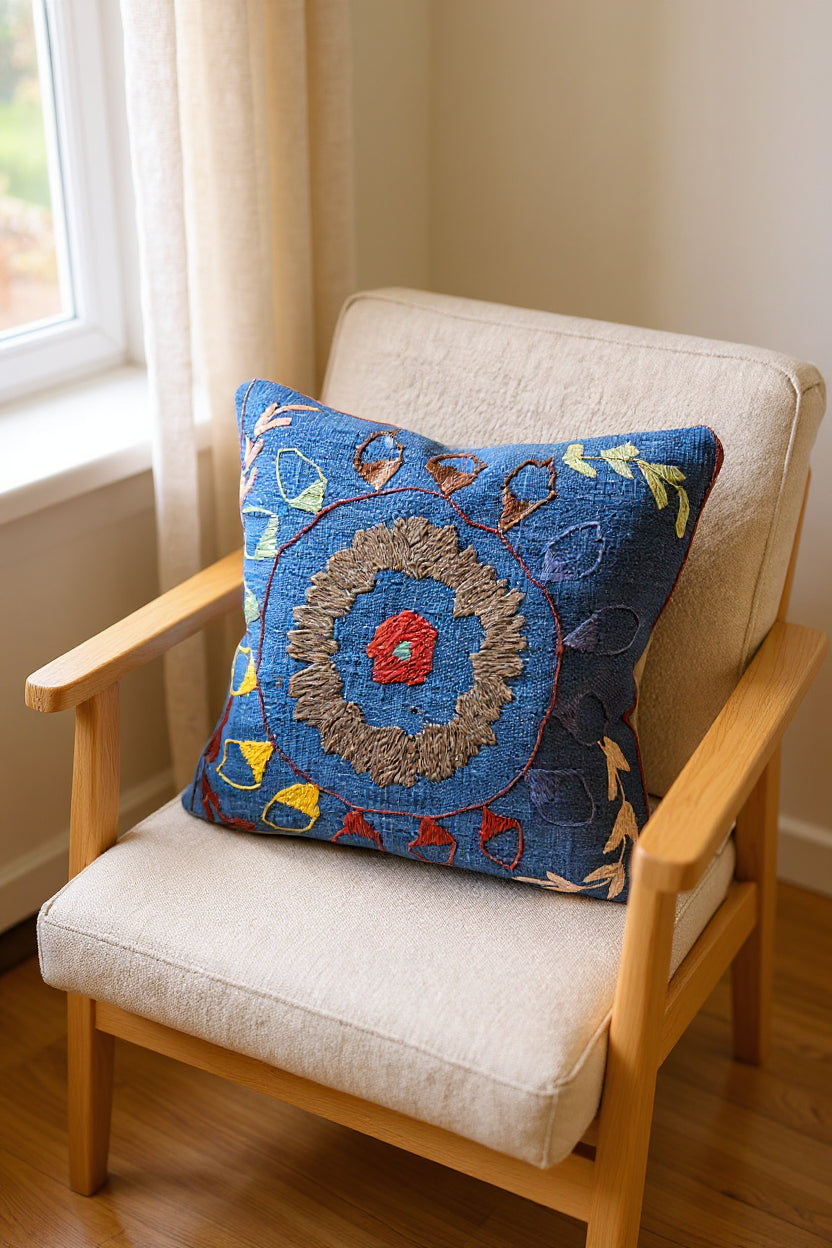 Suzani Hand Embroidered Cushion Cover - 45 x 45 cm - Handmade