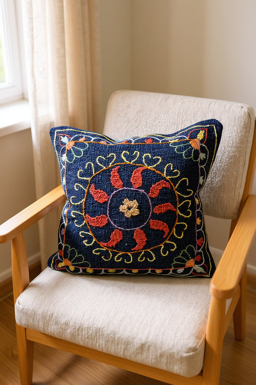 Suzani Hand Embroidered Cushion Cover - 45 x 45 cm - Handmade