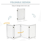 White 4-panel wooden pet gate that folds for easy storage, vertical slat design