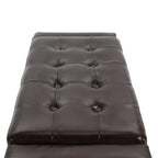 Button-tufted PU leather ottoman lid in dark brown with curved seams and cushioned top