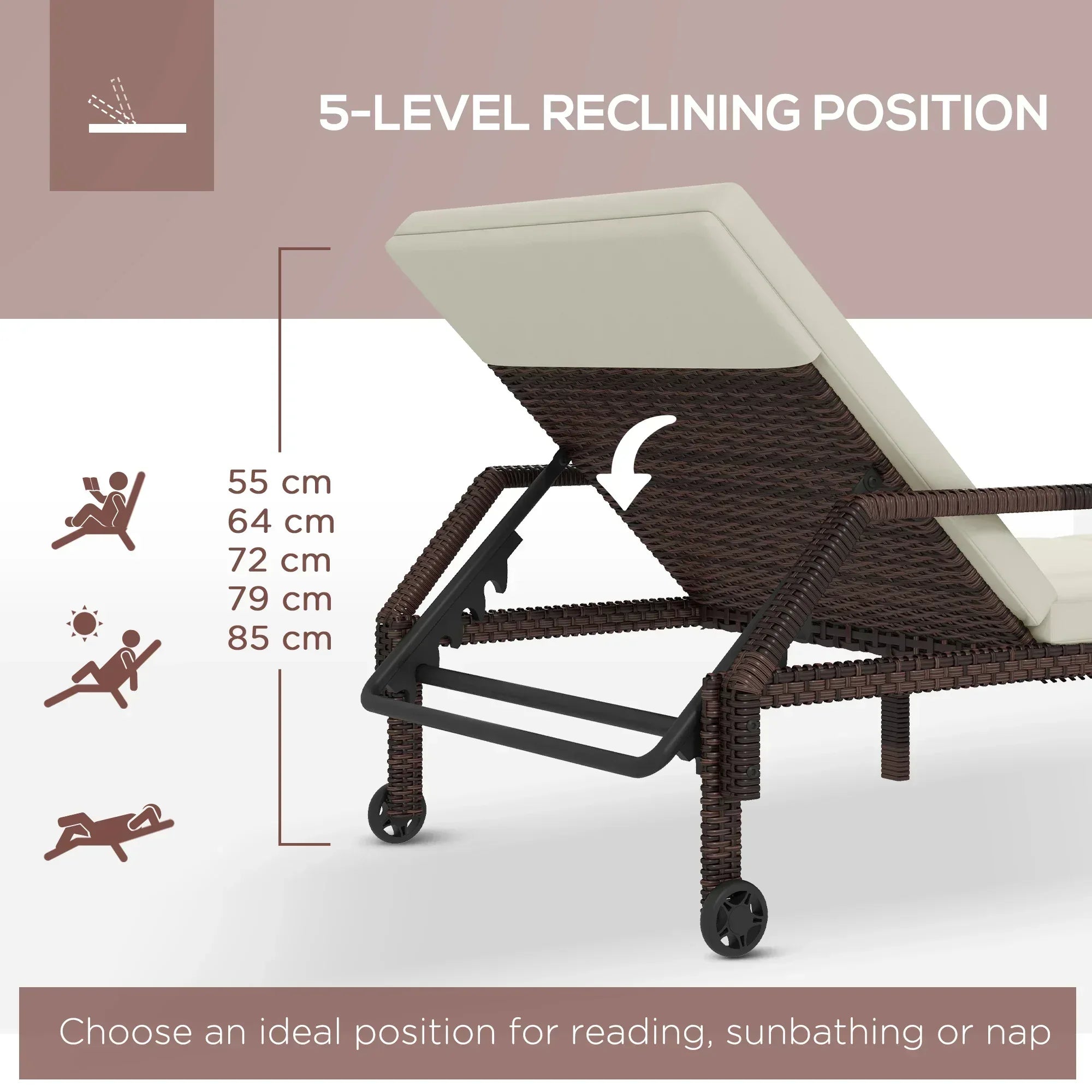 Outdoor Sun Lounger, Rattan Wicker Chaise Recliner with 5-Level Adjustable Backrest and 2 Wheels - Bobobiy