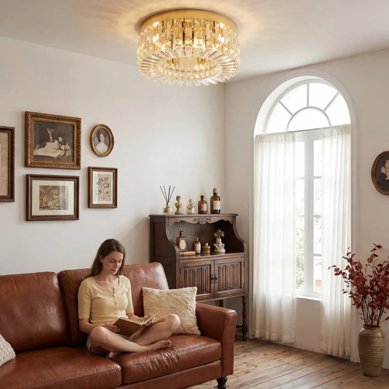 Gold-tone crystal ceiling chandelier with clear prisms under a flush canopy
