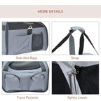 Grey pet carrier bag details: side net pocket, front pocket, and safety leash clip