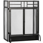Black 3-panel folding fireplace screen with hinged double doors and metal mesh mesh