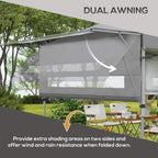 Grey pop-up gazebo canopy with dual side awnings and roof supports