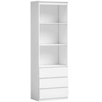 White tall bookcase with open shelves above and three drawers at the bottom.