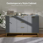 Grey sideboard cabinet with 3 drawers, geometric doors, and raised wooden base
