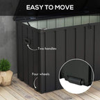 Dark grey garden storage box with two side handles and four wheels underneath.