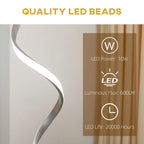 Spiral LED floor lamp with bright glow along the curved wavy tube
