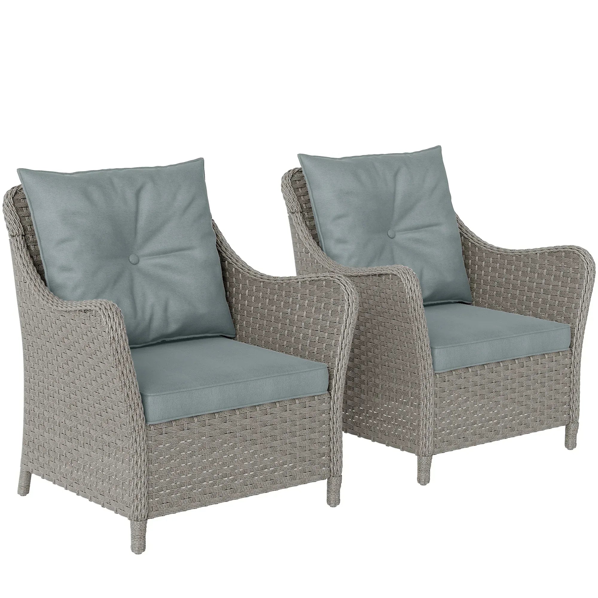 Rattan Garden Chairs Set of 2, Outdoor Rattan Chairs with Cushions, Armrests and High Back, PE Wicker Garden Armchair with Steel Frame for Balcony, Porch, Light Grey - Bobobiy